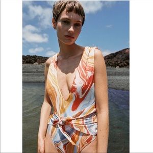 NWT ZARA Marble Plunging V One Piece Bathing Suit S